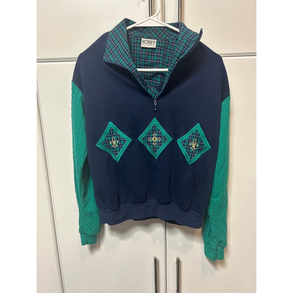 Koret Sport Vintage Quarter Zip Pullover Navy Green Plaid Mixed‎ Media Sweater